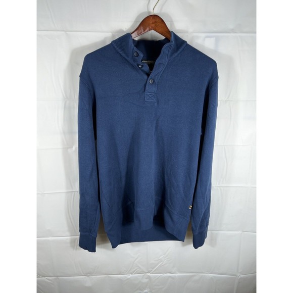 Eddie Bauer‎ Sweater Mens Tall Large Blue 100% Cotton Knit Mock Neck 3 Button - Picture 4 of 5
